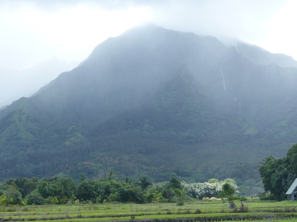 A typical view with clouds on the mountains and waterfall